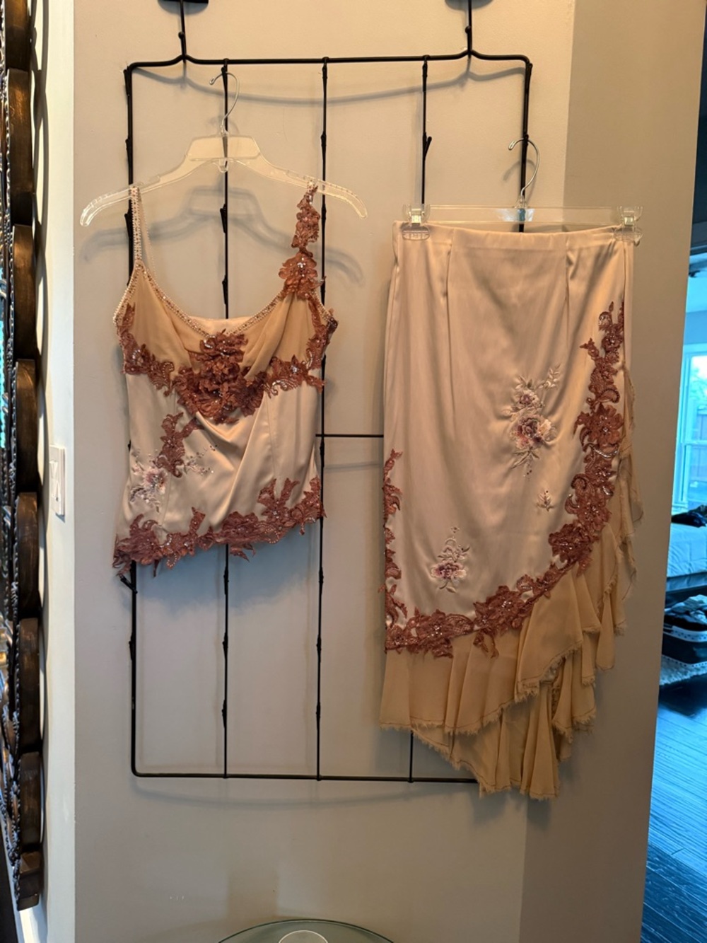 Blush Beige Asymmetrical Satin Skirt and Corset with Rose Lace Appliqué